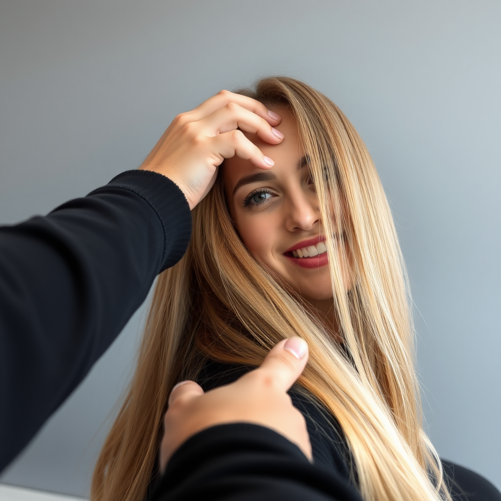 POV, beautiful very long haired blonde woman sitting in a hair salon smiling at the camera while I reach out from behind the camera to massage her scalp. My fingers are digging into her hair rubbing her scalp while her hair is covering my hands. 
Plain gray background.