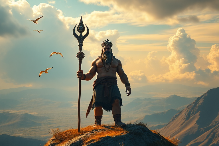 A giant figure of Kuafu standing on a high hill, holding a long staff, gazing at the distant skyline, a flock of small birds flying in the sky, vibrant and colorful landscape, dramatic clouds, detailed features of Kuafu, muscular build, expressive face showing determination, (best quality,4k,8k,highres,masterpiece:1.2),ultra-detailed,(realistic,photorealistic,photo-realistic:1.37),epic fantasy art style, warm color tones, soft sunlight illuminating the scene