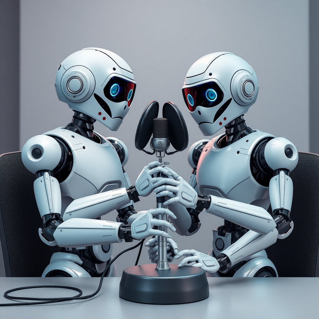 two robots hosting a podcast