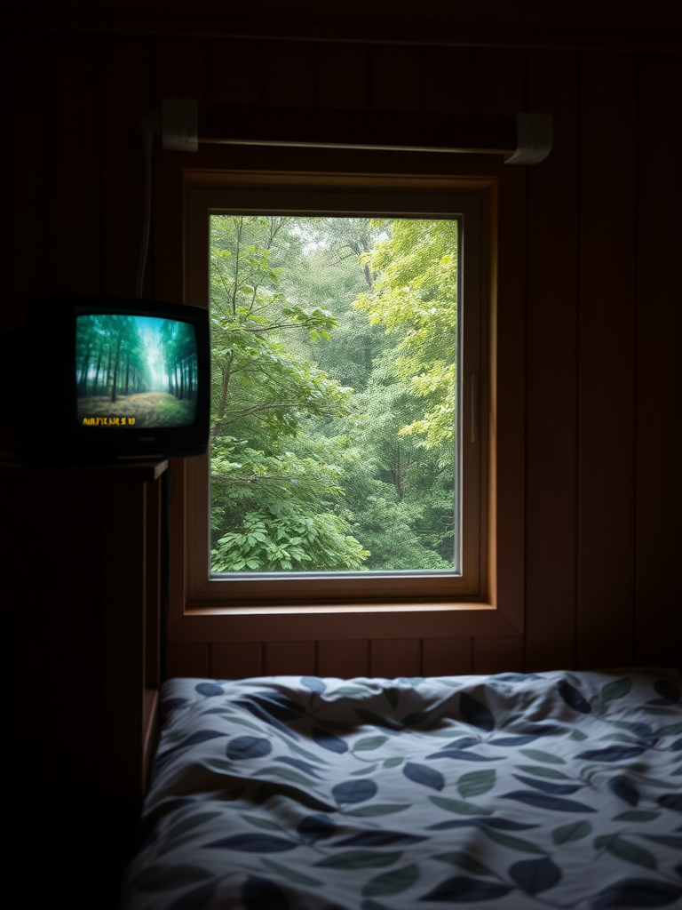 Beside a small window is a wooden small bed, and outside the window is a lush green forest. At night, the light from an old television in the room intermingles with the surroundings. A nature documentary is playing on the TV, and the bedspread has a leaf pattern, creating an overall scene that exudes a sense of tranquility that merges with nature.