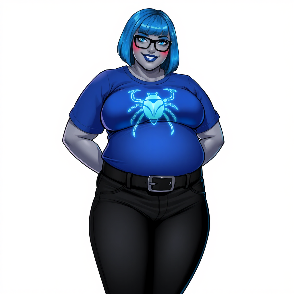 A 28-year-old, full-figured, metallic middle gray skinned computer program hybrid with a maximum blue bob cut. She has a non-athletic build, highlighted by a prominent, round, large midsection (with a full emphasis on her belly). As a digital sidekick, computer hacker, and nerdy girlfriend to her cyberpunk vigilante boyfriend, her middle gray metallic skin and maximum blue lipstick emphasize her digital nature. She wears a costume consisting of a tight-fitting, maximum blue t-shirt (accentuating her large belly) with a neon blue glowing chest icon of a beetle, black pants, a black belt with a sapphire scarab buckle, and black gloves. Her bright blue eyes, black eyeglasses, and lovestruck smile with neon red blush accentuate her nerdiness. She stands bashfully with her hands behind her back, her t-shirt covering all her skin (especially her large belly) and emphasizing her full-figured, non-athletic physique. She is on a solid white background. She is drawn as if she was in a retro 2D cyberpunk fighting game. She is clearly non-athletic, with emphasis on her full-figured physique. Ensure her t-shirt covers her midsection (especially her large belly).