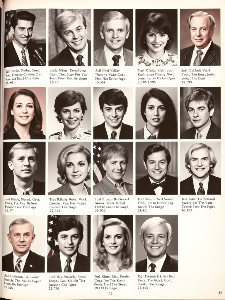 a highschool yearbook of random celebrities and politics, multiple photos, photo album, quotes below each photo