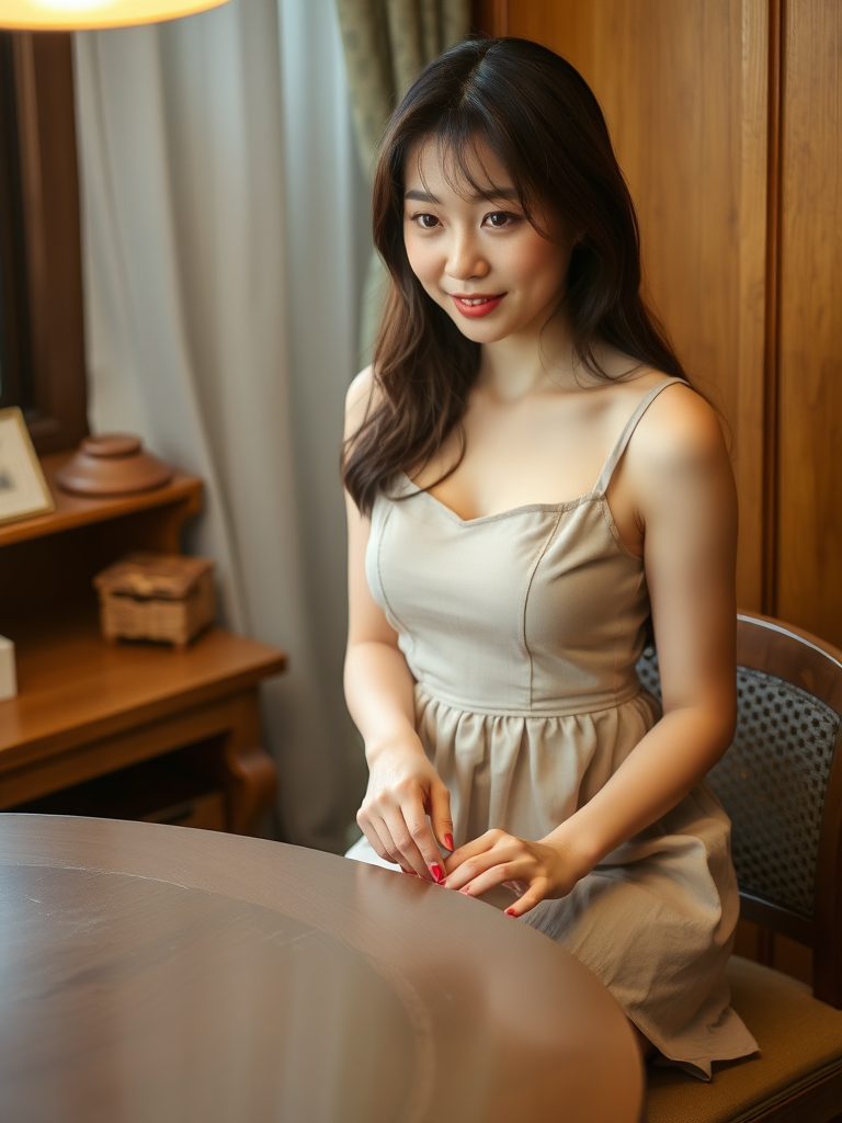 Attractive Japanese housewife with simple dress and pantyhose cutting her finger on the table.