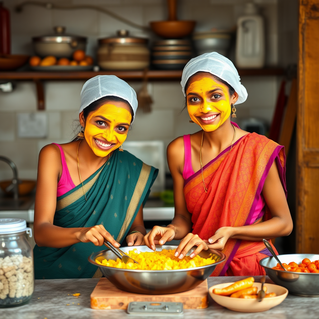 2 skinny, happy, 30 year old, Indian maids. They are preparing food in the kitchen. Their face is covered with turmeric face mask.