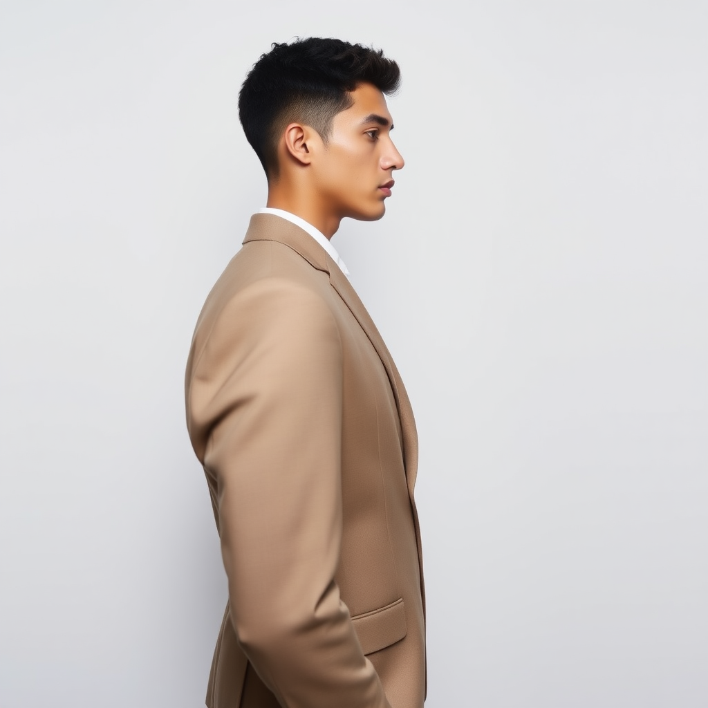 Tall male model in profile, dressed in a light elegant suit, patent leather shoes, very short fine curly hair, oval face, small nose, brown eyes, thin lips, normal attached ears, slight double chin, Mediterranean complexion, very thin brown eyebrows.