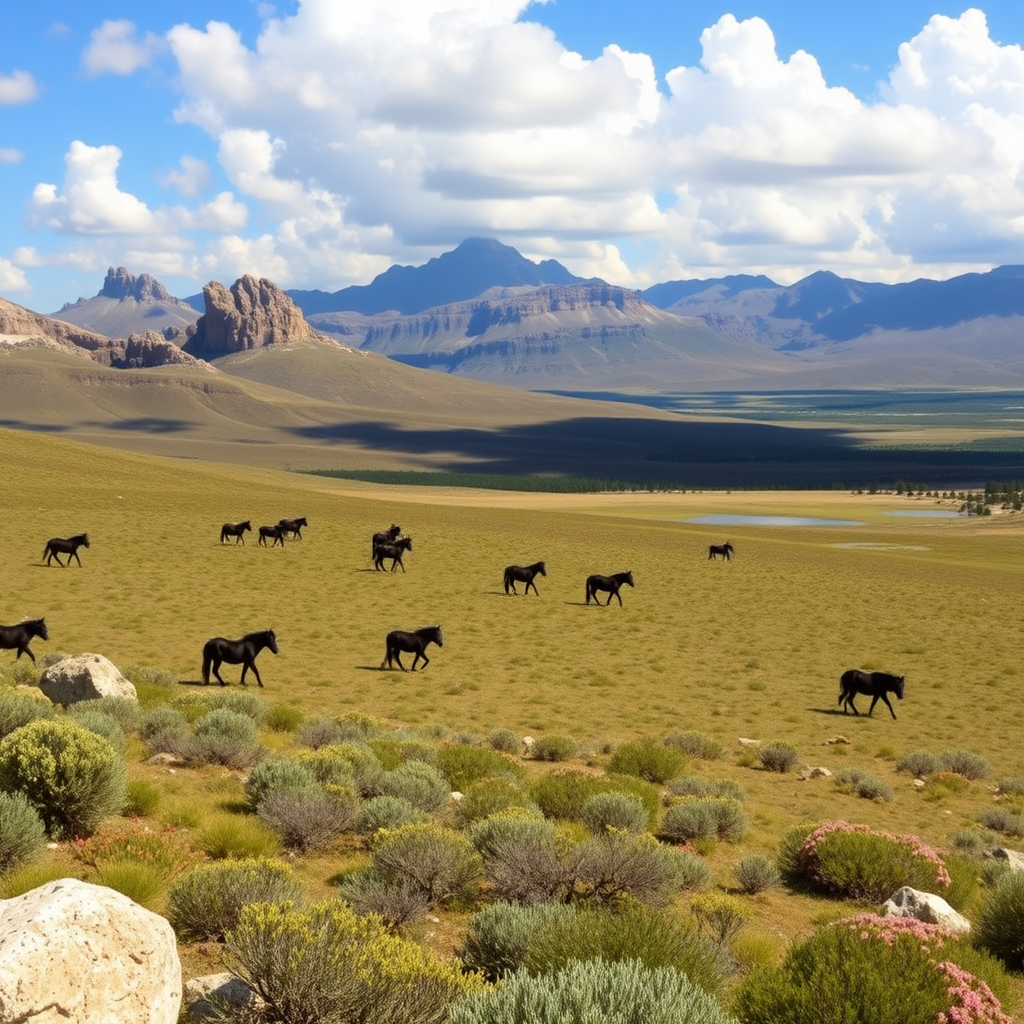 Long plateau with its dark wild ponies, Mediterranean vegetation with cistus, myrtle, oaks, junipers, with lakes and large rocks and blue sky with white clouds.