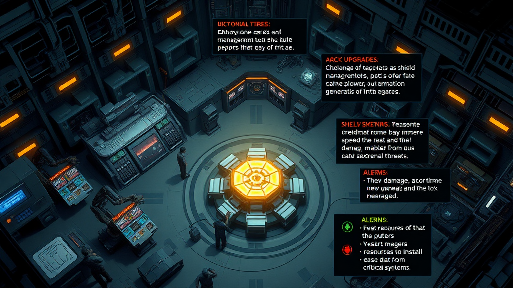 An isometric view of the arc's engineering bay, where players can install upgrades or perform critical repairs on the arc. The room is filled with intricate machinery, robotic arms repairing various damaged sections, and NPC workers tinkering with control panels. The arc’s main engine core is visible in the center of the room, glowing with energy, while smaller areas are dedicated to power management, shield generators, and oxygen systems. The player is prompted to choose upgrades, represented as tech trees in the UI, enhancing speed, shields, or energy efficiency. Occasionally, alarms sound as new damage occurs from external threats, requiring immediate attention. Resources for repairs are displayed in the corner, showing what can be used to fix critical systems.