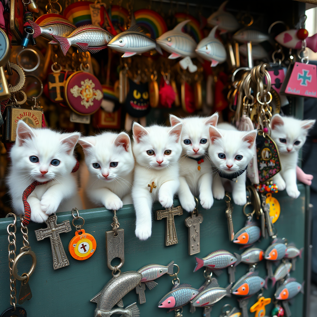 A street stall staffed by white kittens filled with kitschy keychains for tourists in Berlin, cats, Catholic, vampire, cross, tacky, rainbow, raining, weird, post-apocalypse, fish