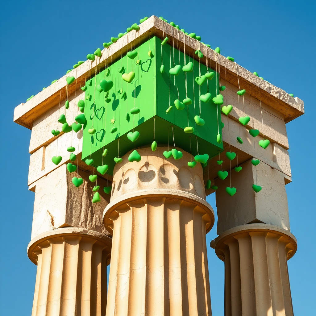 A photograph of an ancient Greek column with weathered, fluted details at the base. Atop the column is a normal green rectangular volume, designed as a funky art installation. Numerous quirky green objects, like small hearts, stars, and abstract shapes, hang from this rectangular volume, creating a playful and surreal effect. The installation contrasts the ancient stone with modern, minimalistic, and weird design elements.