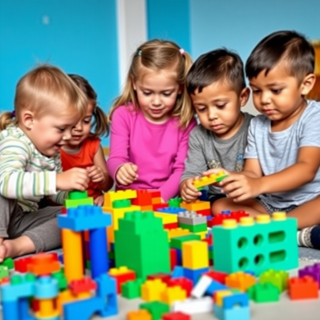 A group of 5 children with different body types playing with toy building blocks, aged 10 years old, in a room with blue color walls.