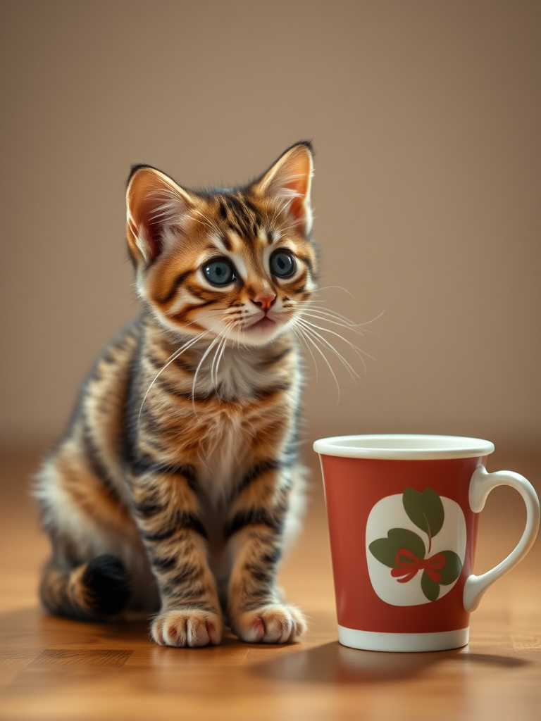 A visual display of a small-sized cat, the size of a coffee cup beside it. Make it very realistic 4k.