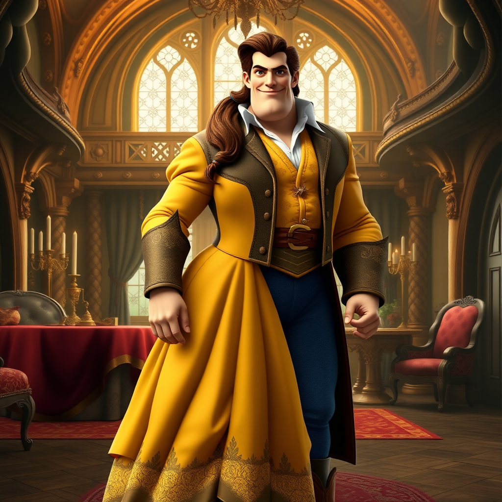 Generate a full-length rendered image of Belle, swapping her body for Gaston's masculine physique, retaining her iconic head, hairstyle, and facial features. Incorporate background elements inspired by both characters, blending grand chateau opulence and rustic hunting lodge charm.