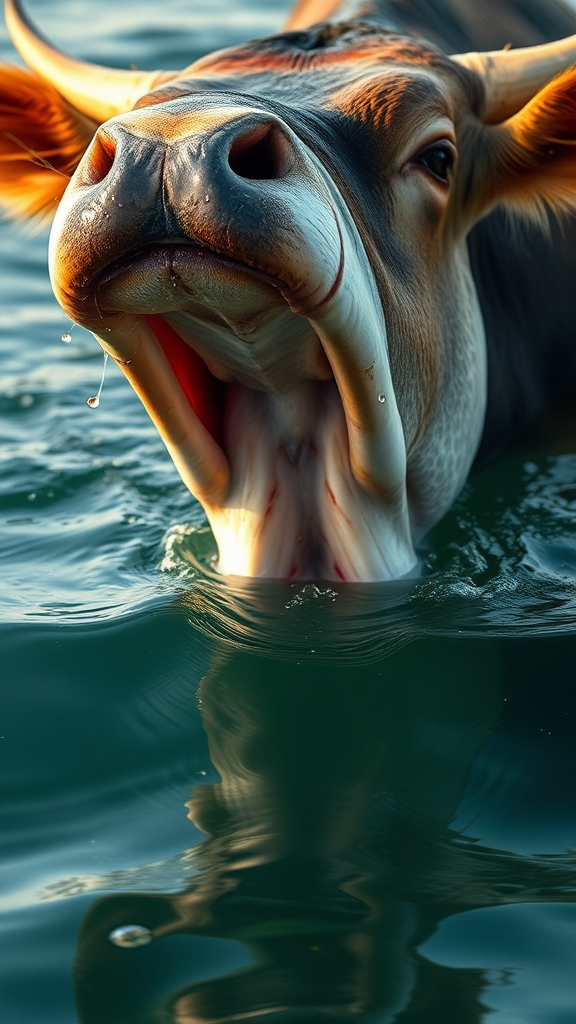 A big fish tail of fish mouth with cow mouth in water