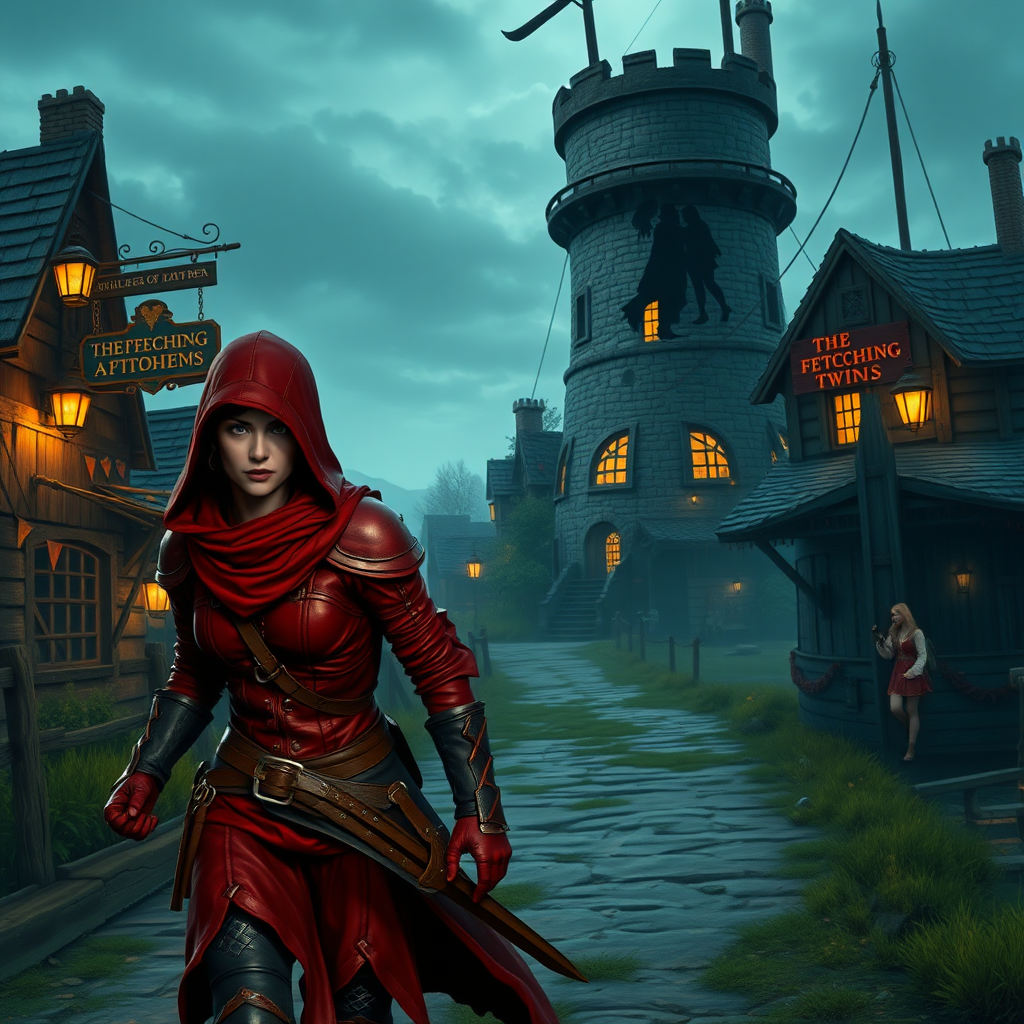 A wide distance shot of a female thief in a pastoral fantasy town. Mage tower in the background. She is fleeing from someone. Bar called "The Fetching Twins" sign (consisting of a silhouette of two women leaning together for a kiss). Village of Dryden, dock with a run-down ship. She is wearing red leather armor with a hood, sword belt. It is night, lit by lanterns.