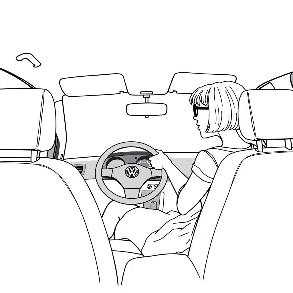 inside view of a VW Polo V from the front passenger seat point of view, looking at the driver seat from the side, short bowl haircut woman driving, skirt, glasses, she is looking at the camera over her shoulder, long establishing shot, 2D, caricature, cartoon, Sketch lines, coloring book, coloring book style on white background, well composed, clean coloring book page, No dither, no gradient, strong outline, No fill, No solids, vector illustration, side view, vector illustration, movement lines, from above