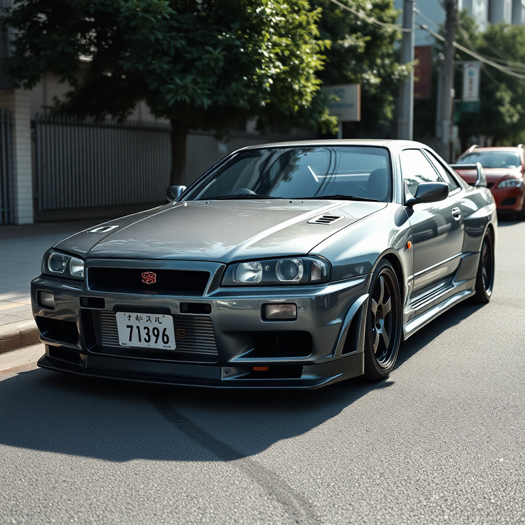 the car is parked on the side of the road, inspired by Taiyō Matsumoto, tumblr, restomod, nd4, c4 metallic shine gray black nissan skyline r34 kalabalik tokyo gece arkaplan