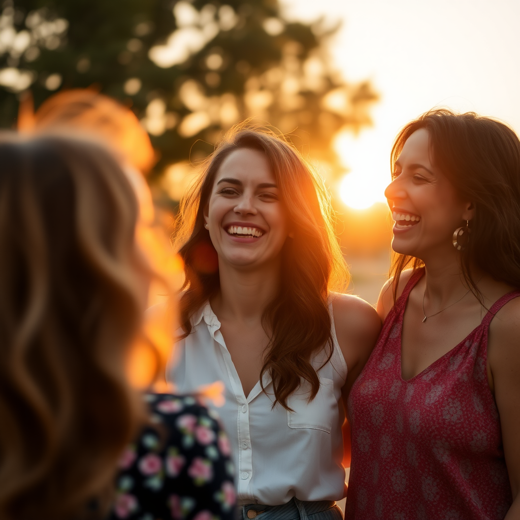 Three women stand together laughing, with one woman slightly out of focus in the foreground. The sun is setting behind the women, creating a lens flare and a warm glow.