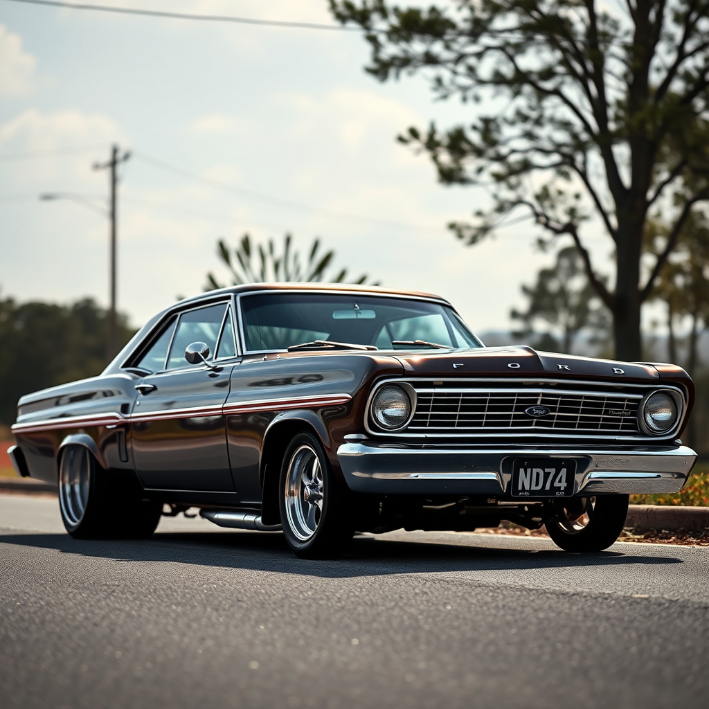 the drag car is parked on the side of the road, inspired by Taiyō Matsumoto, tumblr, restomod, nd4, c4 metallic shine classic american low rider ford