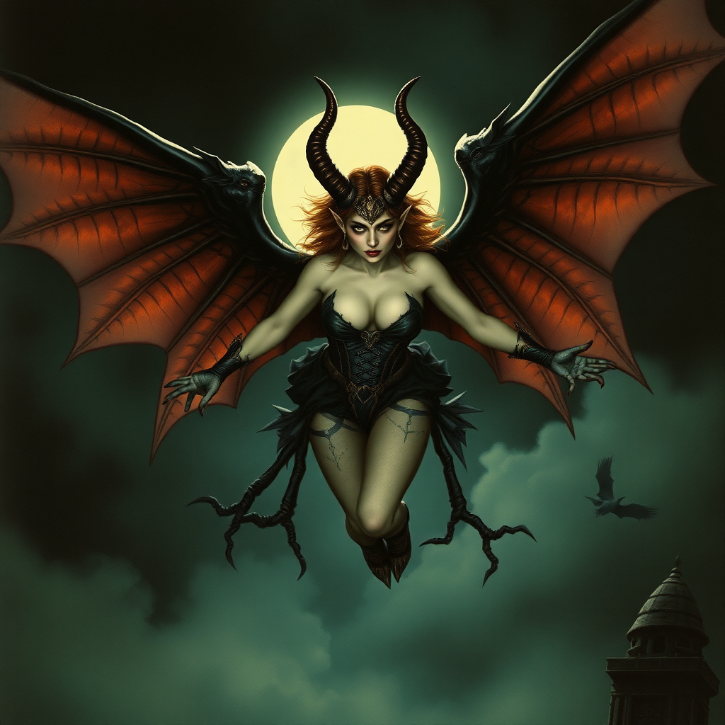 A beautiful winged succubus staring wickedly; her outfit is designed to entice. She's flying high in a dark, moonlit sky. The wicked scene is dark and spooky with the art styling of Brian Froud. Cosplayed by a young vicious Drew Barrymore.