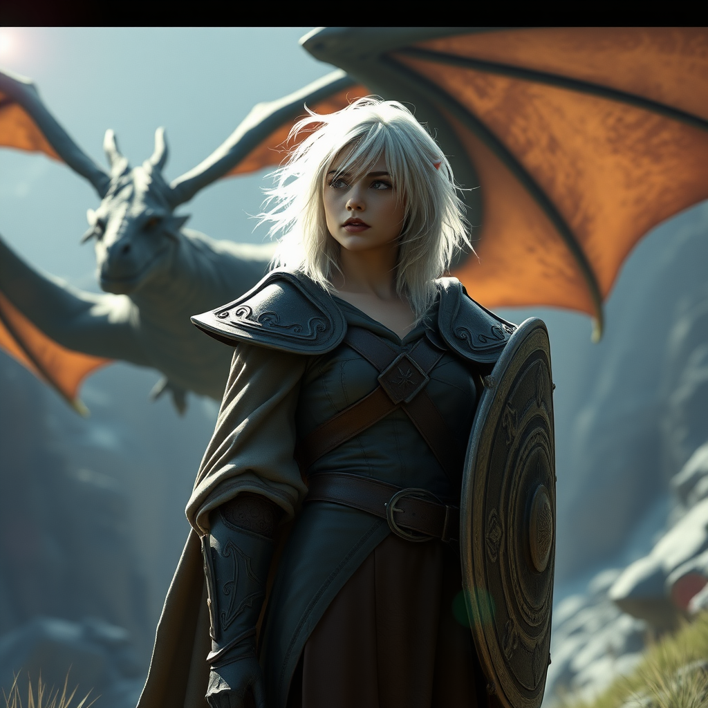 A twenty-something elf girl like (Ana de Armas). Messy shoulder-length white hair. Wide triangular shoulder pads, flowing cloak, leather armor, shield, skirt, high-heel ankle boots. She is looking at a dragon flying in the background. WLOP style. Photorealistic digital matte painting, highly detailed, film grain, lens flare, chromatic aberration.