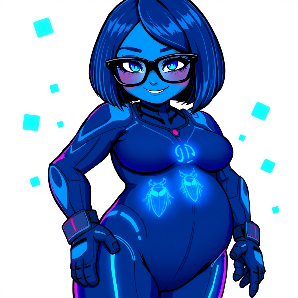 A 28-year-old full figured, computer science major, now transformed into a full figured, nerdy digital sidekick for her cyberpunk vigilante boyfriend, with maximum blue skin. She is clearly non-athletic, with her full figure. Her bob cut seamlessly blends with her skin, appearing to merge together as computer data, and her neon blue eyes glow intensely. Her full figure is defined by a prominently, round, gargantuan midsection, sequoia-sized limbs, and broad shoulders. As a loyal and supportive sidekick, she plays a crucial role in their missions, using her digital skills to assist and protect.

She wears a digital, computerized maximum blue bodysuit which blends with her hair and skin (appearing to merge together like computer data), all are colored maximum blue. The bodysuit has a neon blue chest icon of a beetle, along with matching high-tech gloves. She bashfully giggles with a neon red blush, emitting neon blue data cubes from her body, set against a solid white background. Heavily pampered by her doting boyfriend, her full figure (especially her prominent, round, gargantuan midsection) clearly shows this care. She has the ability to hack into computers and machines, and her nerdiness is blatantly obvious with her black oversized eyeglasses. Her full figure (especially her prominently round gargantuan midsection) is prominently displayed and heavily emphasized. Her outfit is influenced by DC’s Jennifer Knight Phantom Lady but remains distinct. She is drawn as if she was in a retro 2D cyberpunk fighting game. Ensure she is distinct from Inside Out's Sadness, The Power of Surge's Debra and any other character. Ensure her midsection is round. Her proportions are bloated to emphasize her non-athletic, full figure. She is clearly non-athletic, with heavy emphasis on her full figure and prominent, round, gargantuan midsection.