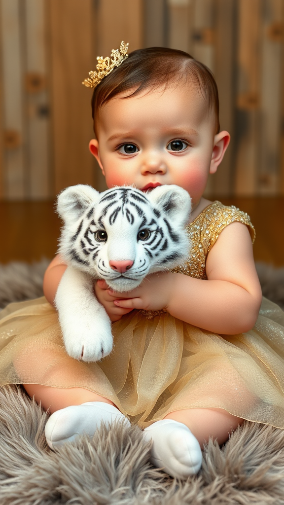 A cute small chubby fair baby big eyes pink lips pink cheeks wearing a royal sparkling frock sitting on a furry rug holding a white fluffy cute tiger.