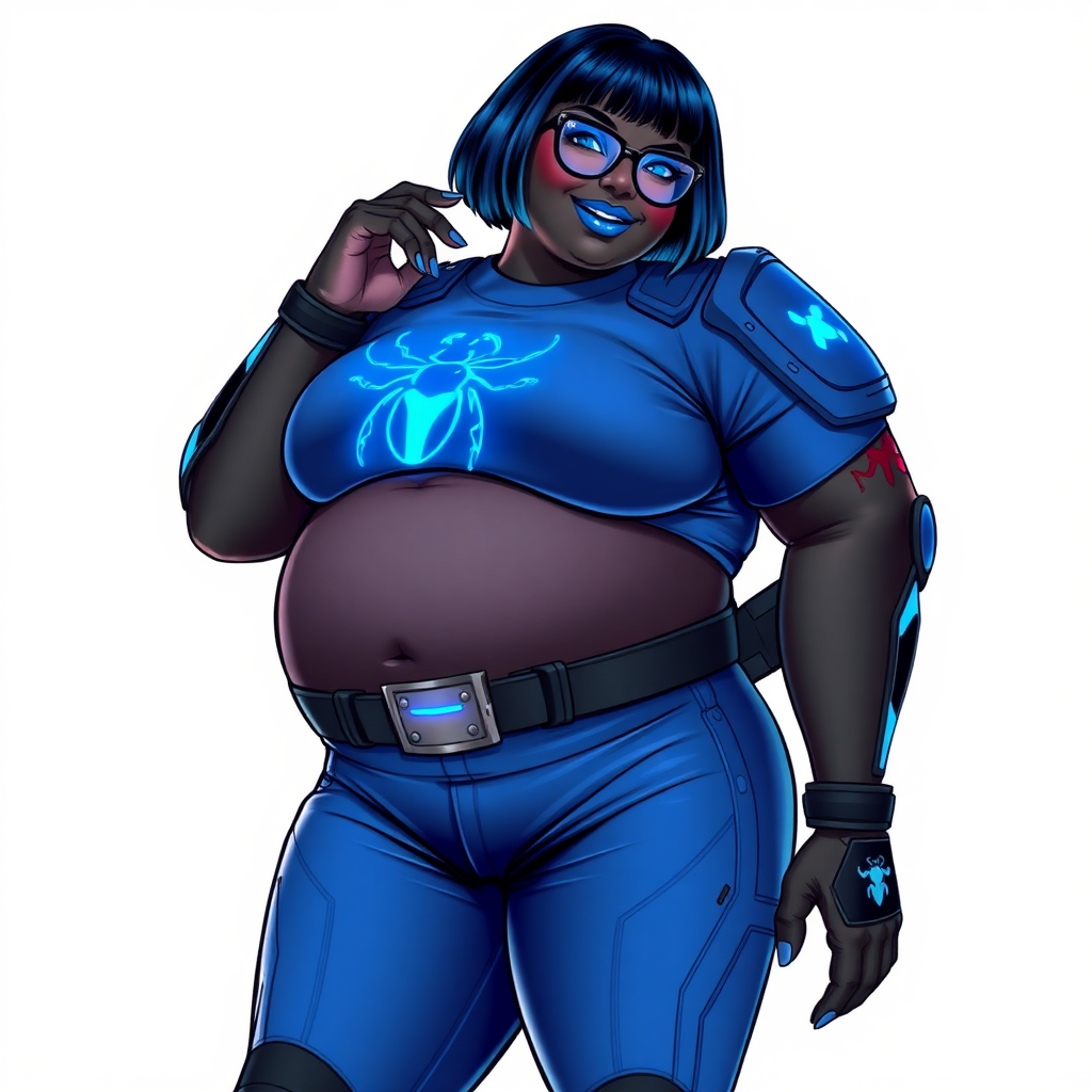 A 28-year-old, full-figured, metallic maximum black (N0) skinned computer program hybrid with a maximum blue bob cut. She has a full-figured, non-athletic build, highlighted by a prominent, round, large midsection (with full emphasis on her large belly), which shows the effects of her new love of junk food acquired from her boyfriend. As the full-figured, nerdy, digital sidekick to her cyberpunk vigilante boyfriend, her metallic maximum black (N0) skin and maximum blue lipstick emphasize her digital nature. She wears a digital, computerized costume, consisting of a huge, tight-fitting, maximum blue t-shirt with a neon blue glowing chest icon of a beetle, hi-tech shoulder pads with neon blue accents, a black hi-tech belt with a maximum blue beetle digital buckle, digital maximum blue biker pants with neon blue accents, and black hi-tech biker gloves with neon blue glowing accents. Her neon blue glowing eyes, black eyeglasses with neon blue lenses equipped with a built-in HUD, and bashful smile with neon red blush accentuate her nerdiness. She stands bashfully with one hand behind her back and the other hand gently touching her cheek, her costume covering all her skin (including her large midsection) and heavily emphasizing her full-figured physique (especially her large belly). She is clearly non-athletic, with a full focus on her full-figured physique. Despite her full-figured build, she radiates beauty. She has a slim face compared to her physique, accentuating her radiant beauty. She is on a solid white background. She is drawn as if she were in a retro 2D cyberpunk fighting game. Ensure she has a maximum black (N0) skin color with a metallic tinge.