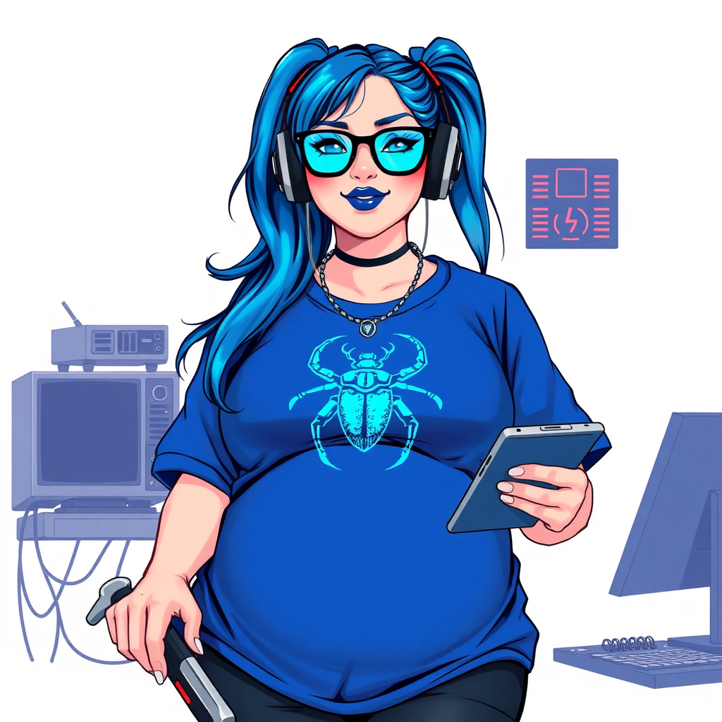 A cyberpunk vigilante’s full-figured intelligent and tech-savvy 28-year-old girlfriend, who is a computer hacker and tech genius. She has a long maximum blue ponytail. She wears maximum blue lipstick, blue eyes, a sapphire beetle gemstone necklace, sapphire earrings, black eyeglasses, and an oversized maximum blue t-shirt featuring a blue sapphire gemstone crusted chest icon of a beetle. She has a full-figured physique with a prominent, massive, round belly, reflecting her well-cared-for lifestyle. She sports a sapphire headset with a hi-tech maximum turquoise lensed HUD, and a shy smile with a neon red blush. She serves as his tech expert from his hideout, diligently working at her workbench and computer desk, while holding an electronic wrench and a holographic computer tablet. The background is solid white. She is drawn as if she was in a retro 2D cyberpunk fighting game. Ensure her maximum blue t-shirt covers her belly.