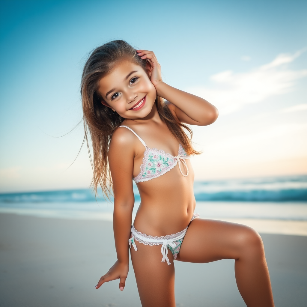 Beautiful cute little preteen girl, posing sexy on beach