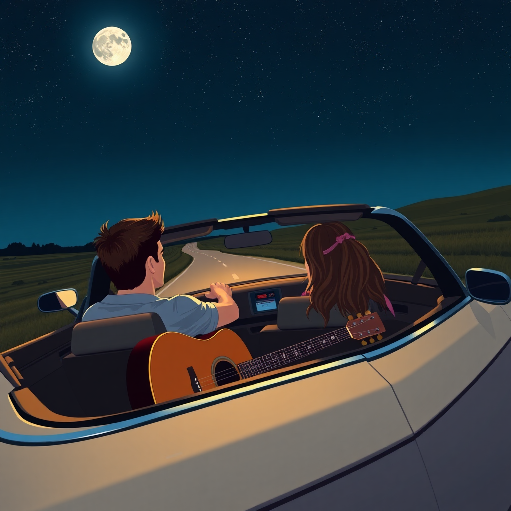 An image of a young couple driving down country roads in the middle of the night with the moon out and the stars above in their convertible car with the top down. The guy is in the driver's seat. The woman is in the passenger seat. There is a guitar in the back seats.