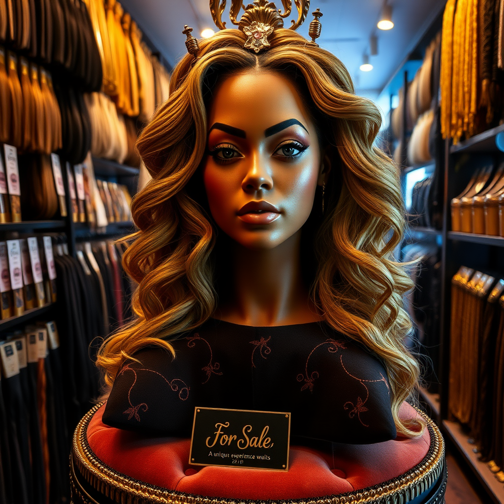 In a peculiar and well lit long hair fetish store, an arresting sight catches the eye: a real, live disembodied head of Beyoncé, renowned for her mesmerizing voice and radiant presence, delicately placed on an ornate velvet cushion. Her luxurious, cascading hair, glistening like spun gold, flows gracefully around her shoulders, each strand perfectly styled and exuding a faint floral fragrance reminiscent of jasmine and vanilla.

The atmosphere in the store is tinged with an intriguing blend of curiosity and excitement, where the gentle hum of whispered conversations intertwines with the soft strains of sultry music, creating an intimate ambiance. Shelves lined with various hair extensions, wigs, and other hair-related paraphernalia surround the central display, each item a testament to the art of hair care and the fetish culture that thrives within these walls.

Beyoncé's lifelike head, with striking features and deep, expressive eyes, gazes forward, almost as if aware of the onlookers’ fascination. A small sign next to her, elegantly scripted in gold lettering, reads "For Sale: A unique experience awaits," adding an air of mystique to this extraordinary offering. The richness of her complexion and the sparkling elegance of her makeup highlight the surreal nature of this encounter, making it both alluring and slightly unsettling.

The shop's patrons, a mix of eager collectors and curious passersby, stand in awe, whispering among themselves about the remarkable piece before them, a blend of artistry and fantasy that captures the essence of an icon while igniting a strange sense of wonder.