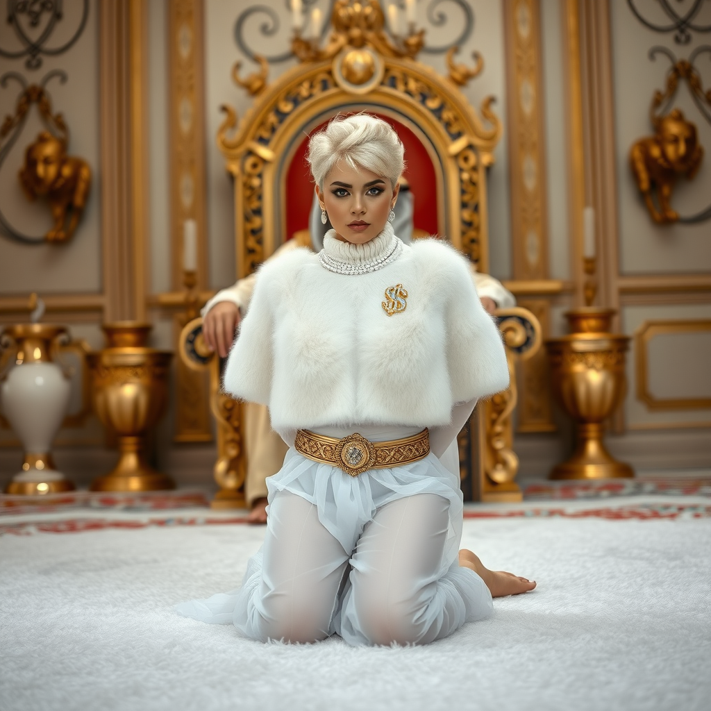 Kuwait desert palace throne room, old overweight mighty sheik sitting on throne. In front of throne, kneeling on white fluffy carpet: Melissa, European 17 years old very convincing femboy “trophy-bimbo”, tamed servile docile, rather short, by hormones very curvaceous womanly figured, platinum blond short tight curls, heavily made-up eyes, wearing Supertanya-style fluffy very fuzzy bright white angora turtleneck-poncho cropped ending under bust decorated with pearls and gemstones, striking oriental wide gold bridal protection belt, white fully transparent harem pants, full Oriental bridal jewelry, white sheer full Burka, coin anklets, striking diamond “$$$” letter brooch on left chest, pout frustrated, hands tied behind back, looking at camera. Focus on face and turtleneck-poncho.