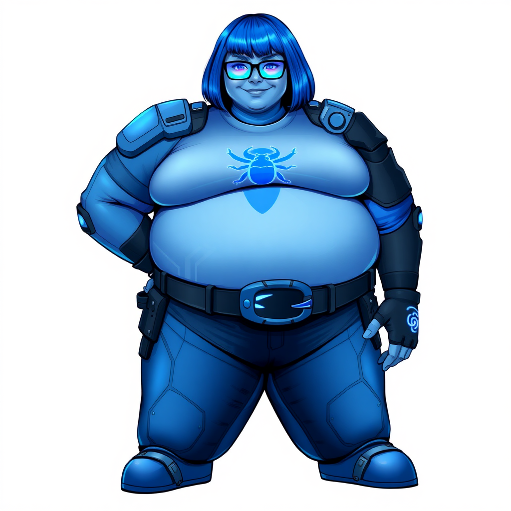 A 28-year-old, full-figured, metallic maximum blue (5PB 5/10) skinned computer program hybrid with a maximum blue bob cut. She has a non-athletic build, highlighted by a prominent, round, large midsection (with full emphasis on her round belly), which shows the effects of her love of junk food acquired from her boyfriend. As the full-figured, nerdy, digital sidekick to her cyberpunk vigilante boyfriend, her metallic maximum blue skin and maximum blue lipstick (5PB 5/12) emphasize her digital nature. Her skin has a subtle, animated glow, with digital patterns occasionally flickering across it, making her digital nature obvious. She wears a digital, computerized, biker costume, consisting of a massive, tight-fitting, maximum blue t-shirt (5PB 5/12) made out of advanced nanotech with a neon blue chest icon of a beetle, hi-tech shoulder pads with neon blue accents, a black hi-tech belt with a digital neon blue glowing buckle, digital maximum blue biker pants (5PB 5/12) with neon blue accents, and black hi-tech fingerless biker gloves with neon blue glowing accents. Her neon blue glowing eyes, black eyeglasses with neon blue glowing lenses equipped with a built-in HUD, and bashful smile with neon red blush accentuate her nerdiness. She stands bashfully with one hand behind her back and the other hand gently touching her cheek, her costume covering all her skin (especially her midsection) and fully emphasizing her full figure (especially her round belly). She is clearly non-athletic, with a focus on her full-figured physique. Despite her build, she radiates beauty. She has a slim face compared to her physique, accentuating her radiant beauty. She is on a solid white background. She is drawn as if she were in a retro 2D cyberpunk fighting game.