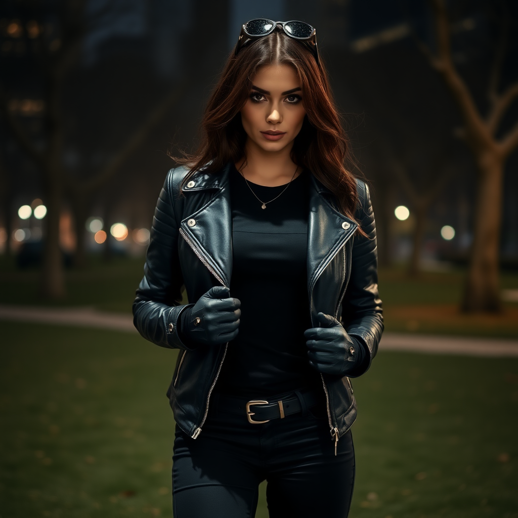 A beautiful brunette badass female burglar in black leather jacket over black t-shirt with black pants and gloves in Manhattan park at night.