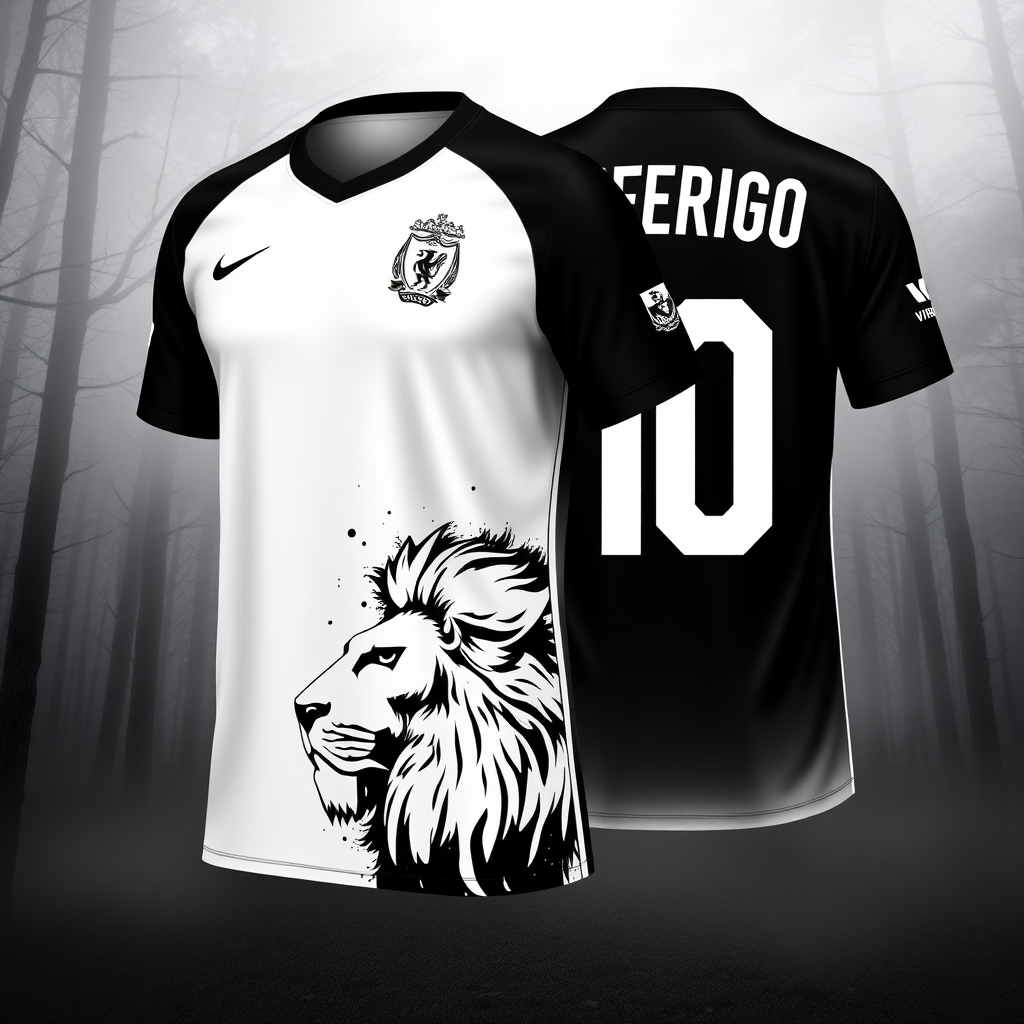 Create an image of a black and white soccer jersey showing both the front and back. The front should feature a large graphic of a lion's face in profile, rendered in black and white with a splash art effect, filling the lower part of the jersey. The back should display the number '10', also designed with the same splash art effect, along with the text 'VIDEFRIGO' above it. Include a crest with the initials 'LFC' on the upper left side of the front and a smaller logo that reads 'Vinicius Studio' on the right sleeve. The background should depict an ethereal forest scene with foggy trees, adding a dramatic effect to the overall presentation.