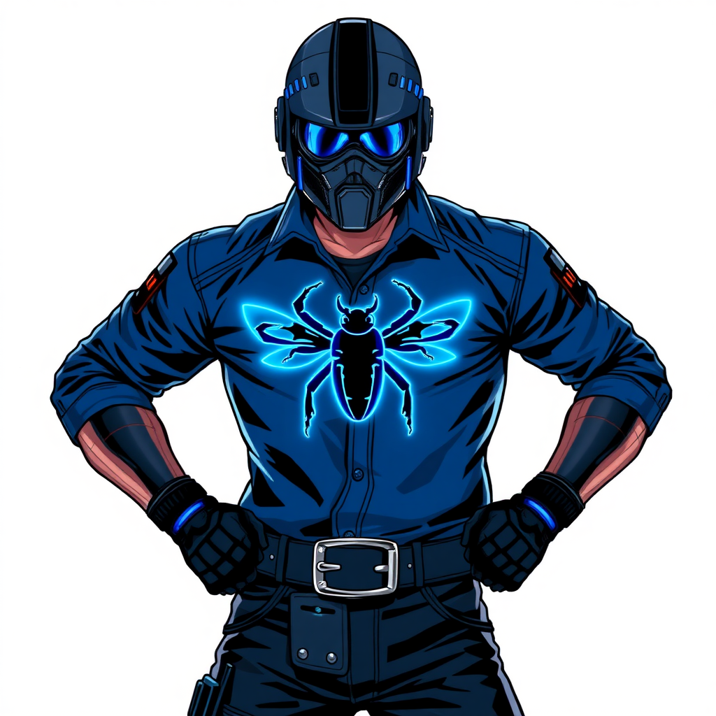 A 28-year-old cyberpunk vigilante stands heroically, clad in a maximum blue leather shirt featuring a neon blue glowing beetle on the chest. They wear black biker pants, a black belt with a sapphire beetle buckle, and a helmet resembling a sleek, tactical design, but colored maximum blue with neon blue glowing lenses. Their hands are protected by black metal gloves, all set against a solid white background. He is drawn as if he was in a retro 2D cyberpunk fighting game.