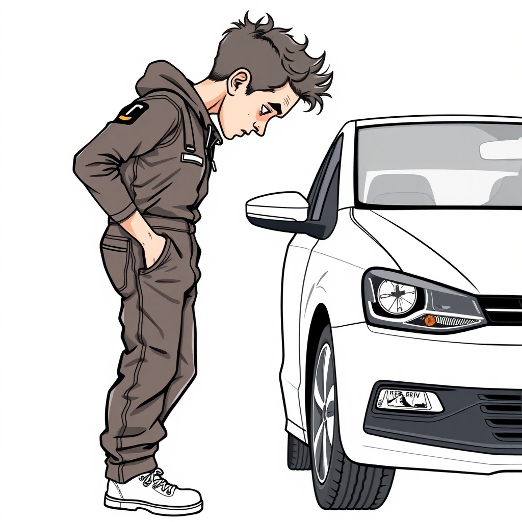 shy nervous small 18 year old european skinny man, coveralls, tense fabric, head down, looking from a distance at a white VW Polo V, side view, detailed feet, 2D, caricature, cartoon, Sketch lines, coloring book, coloring book