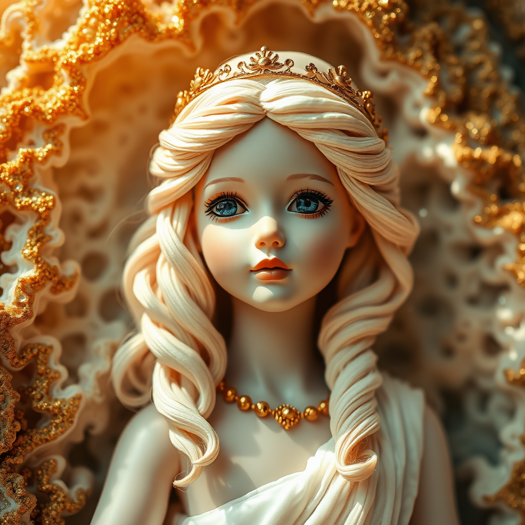 porcelain doll, young girl, Greek goddess, high quality photo, intricate environment, ultra-detailed, impressionistic, dynamic composition, artistic photograph, geode, alabaster, gold, fractal, brilliant colors, glittering, sunlight, illumination, transparency, translucent, coral