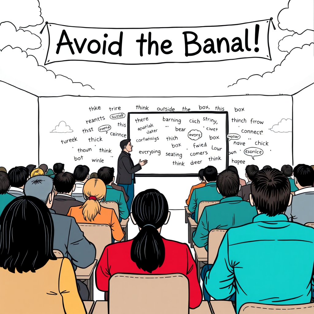 An imaginative scene depicting a dull meeting room filled with yawning attendees, where a speaker stands before a whiteboard filled with cliché phrases like "think outside the box," surrounded by grey clouds and dull colors, with a banner overhead that reads, "Avoid the Banal!"