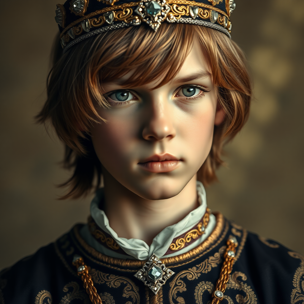 older teen boy prince, long bob cut, embroidered with gold and diamonds medieval cloths, diamond diadem. photorealistic, ultra high resolution, 16K,