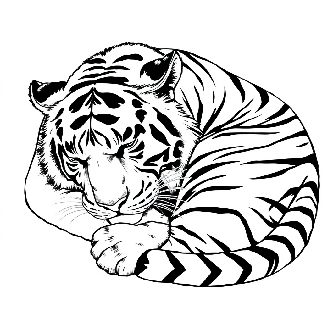 a tiger curled up asleep drawn in the style of a thai line drawing