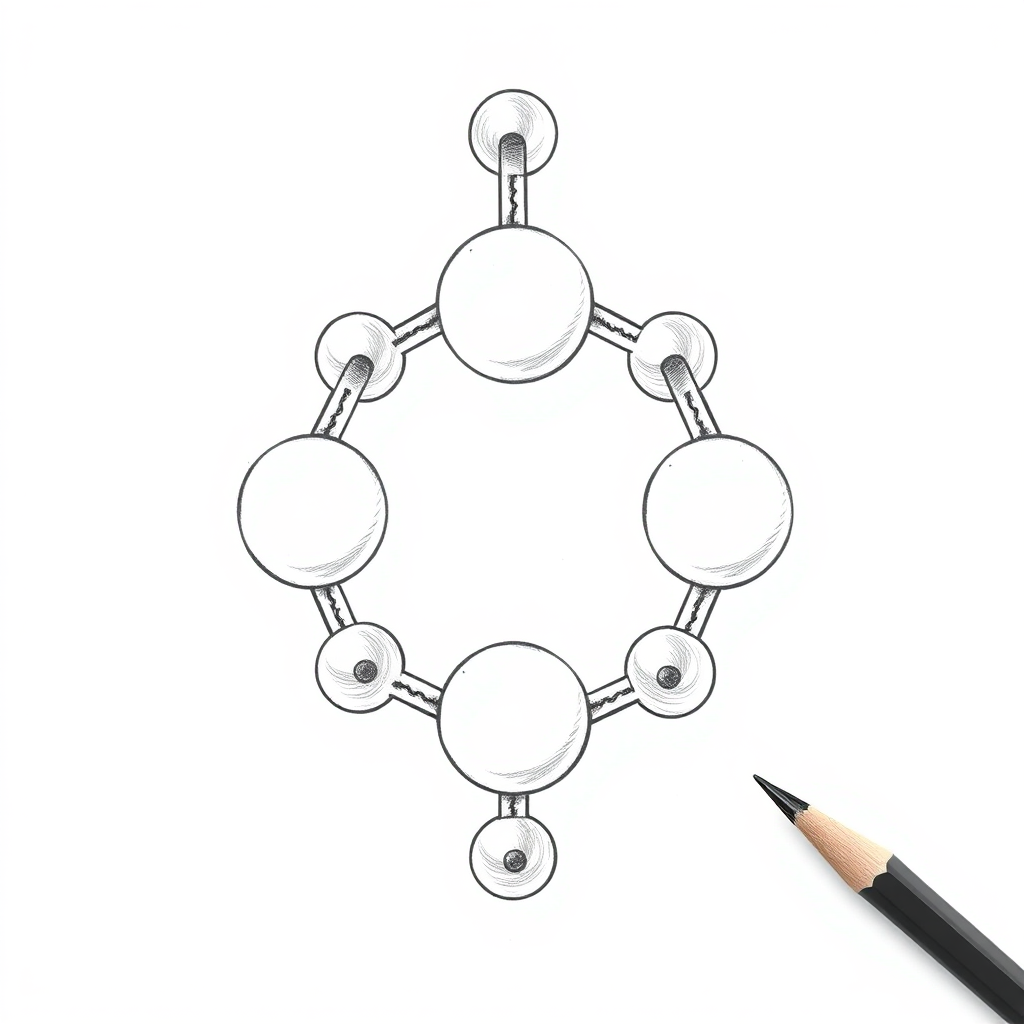 A molecule consisting of five connected atoms in a ring, with an extra atom above and below, drawing, impossible, pencil, black and white