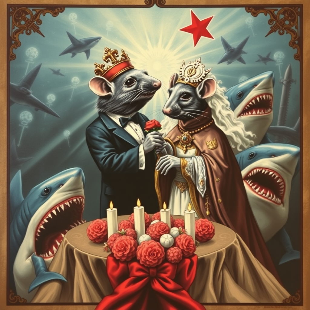 A rat wedding being attacked by sharks, Catholic, Soviet propaganda poster, steam punk, no text, Lovecraftian