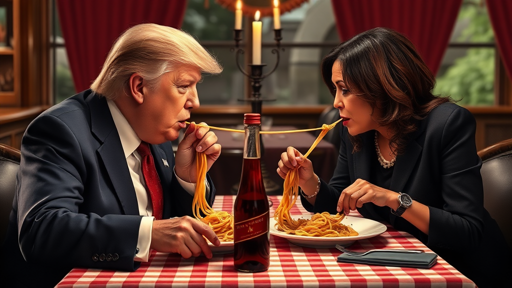 Photoreal style. ratio: 16:9. Donald Trump and Kamala Harris eating in an Italian restaurant a la the one in 'Lady and the Tramp.' Checkered tablecloth, Chianti bottle used as a candle holder. Both humans are eating spaghetti from one shared plate with their hands, and end up eating the same long piece of spaghetti, making their heads meet.