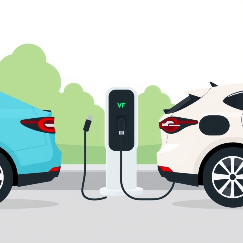 A symmetrical simple flat illustration of an EV charger with two cars connected, cars are fully visible, one on each side of the charger.