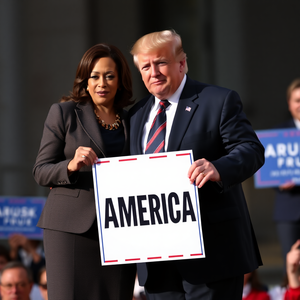 Kamala Harris and Donald Trump together holding a sign with text "Fuck America"