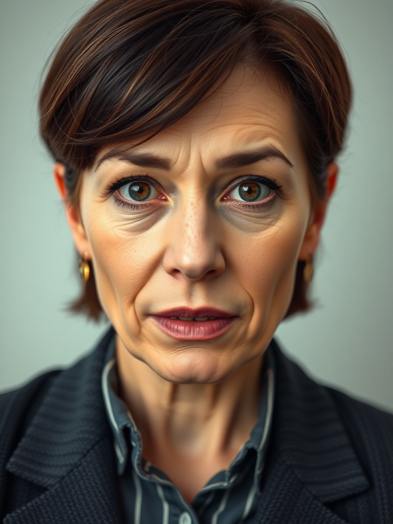 mature secretary, short brown bobcut, swept bang, brown piercing eyes, thick dark eyebrows, big nose, big mouth, big yellowish teeth, moles, skin imperfections, youthful, severe expression