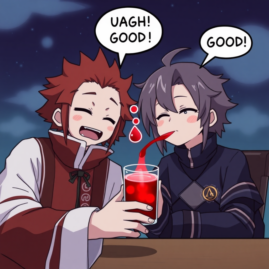 Koume and Kotake drink the red health potion and says: "UAGH!" "GOOOD"