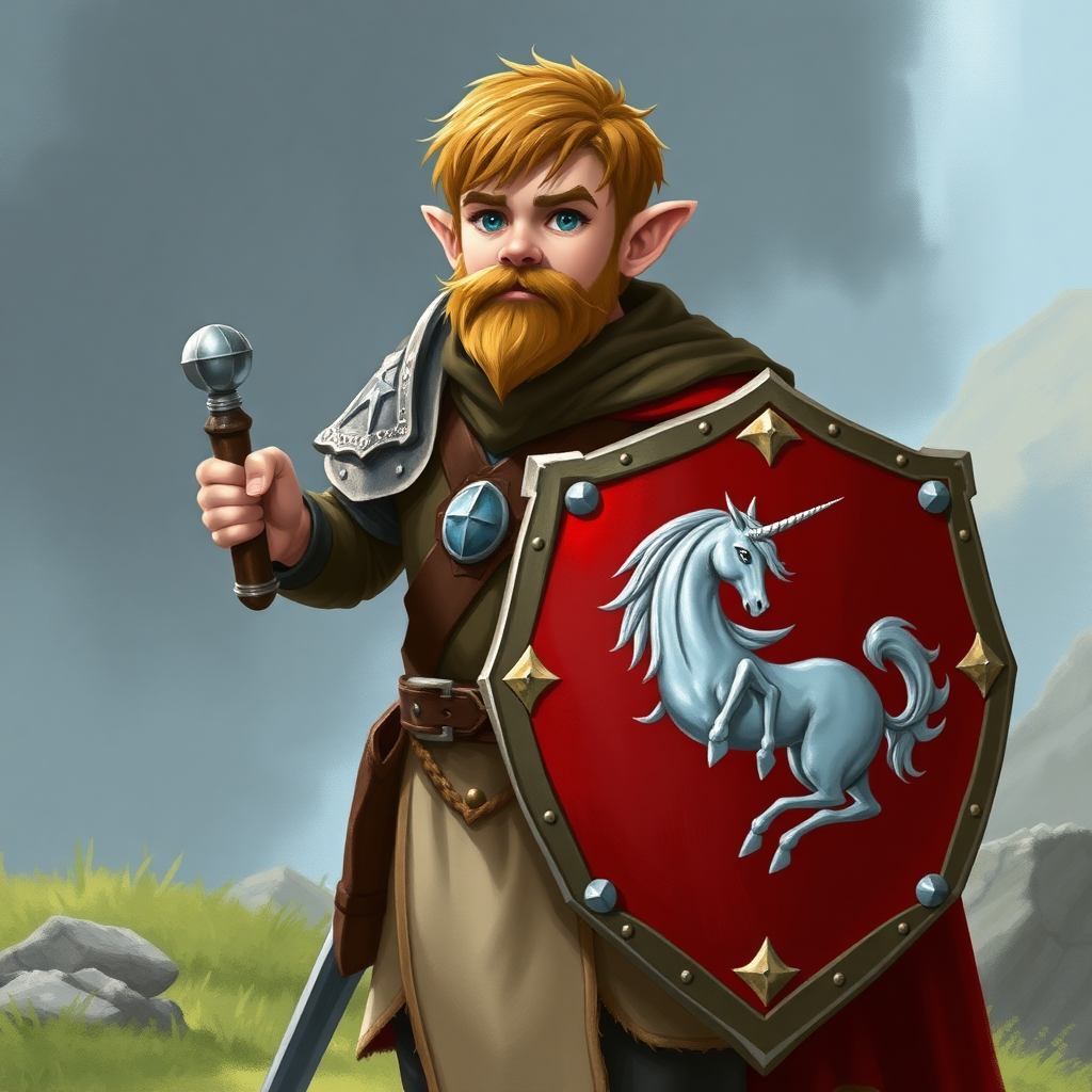 In a fantasy world, a halfling paladin, wearing a shield, high definition, with a normal and standard appearance, no beard. The character is standing upright, sword at his side and shield resting on his left arm. On the shield, there is a silver unicorn depicted.