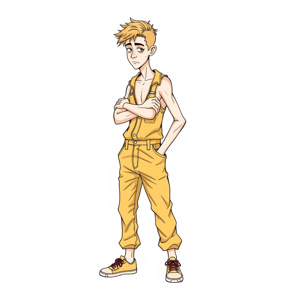 shy nervous small 18 year old european skinny man, coveralls, tense fabric, take a picture, fascinated, side view, detailed feet, 2D, caricature, cartoon, Sketch lines, coloring book, coloring book